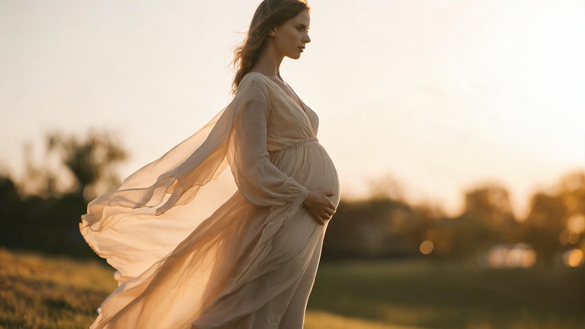 A person in a flowing dress outdoors at golden hour, one hand resting on their belly, soft light.