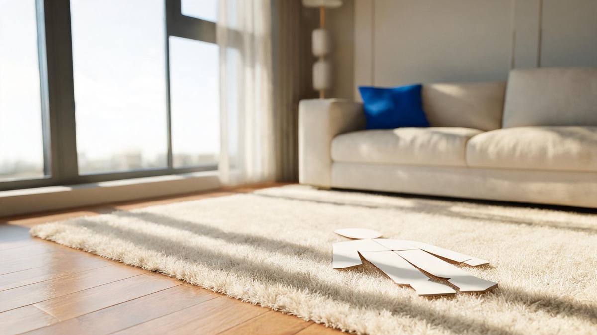 A flat folded paper cut-out figure lying on a bright living-room rug with sharp daylight shadows