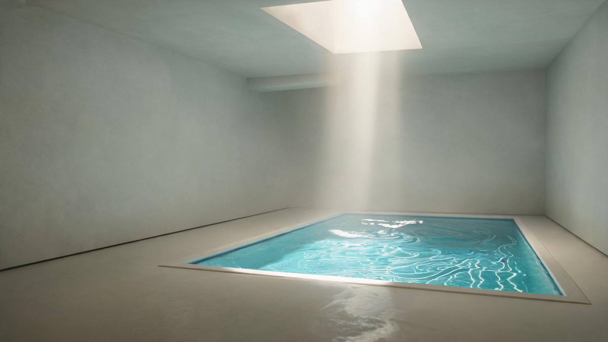 A calm shallow pool with rippling turquoise water and a shaft of light from above, no people