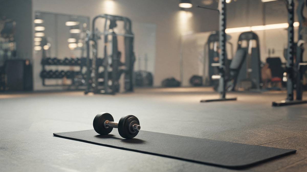 An empty gym with a single dumbbell resting on a mat under soft overhead light, no people