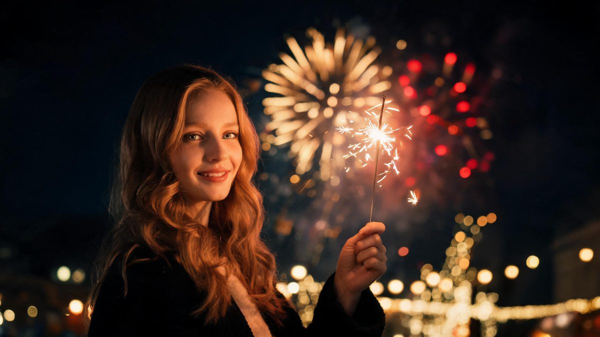 A woman holding a lit sparkler in one raised hand with a wide burst of fireworks opening in the dark sky behind her