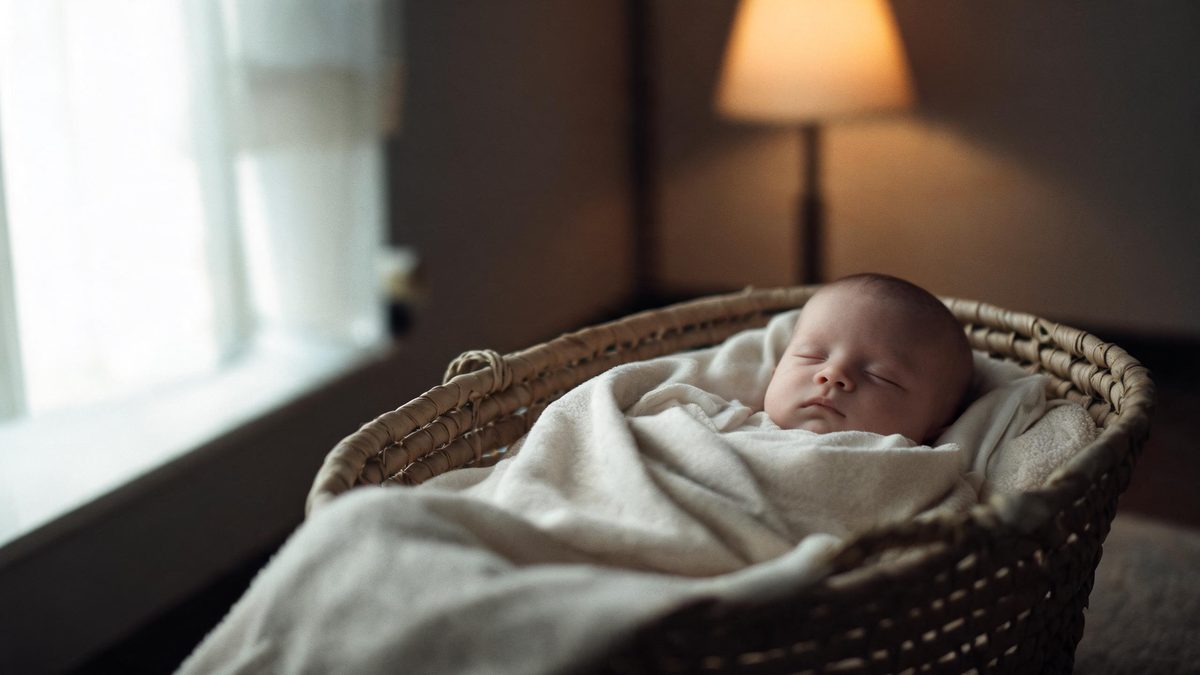 A swaddled baby lying in a woven basket, soft window light on the face, neutral blanket.