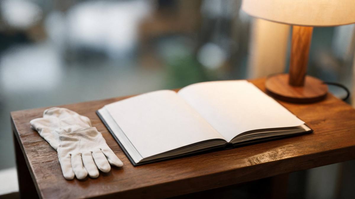 A wooden side table with an open empty photo album, cotton gloves beside it and a warm lamp glow