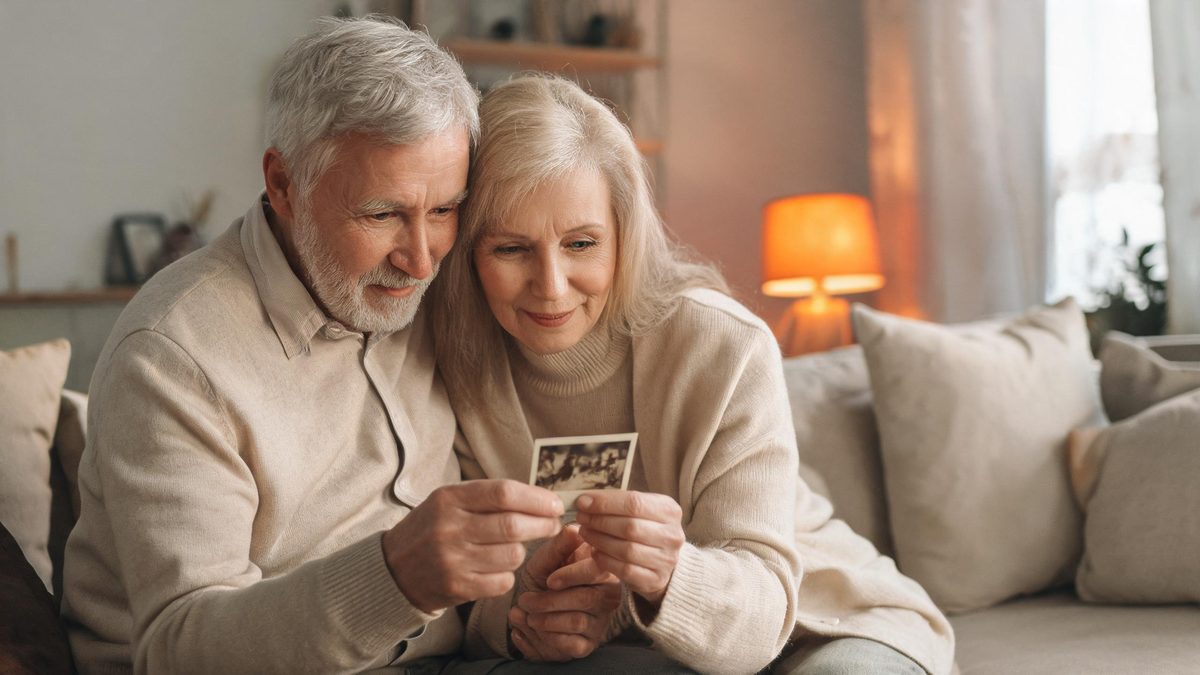 A grey-haired couple on a sofa looking at a single old photograph held between them in warm lamp light