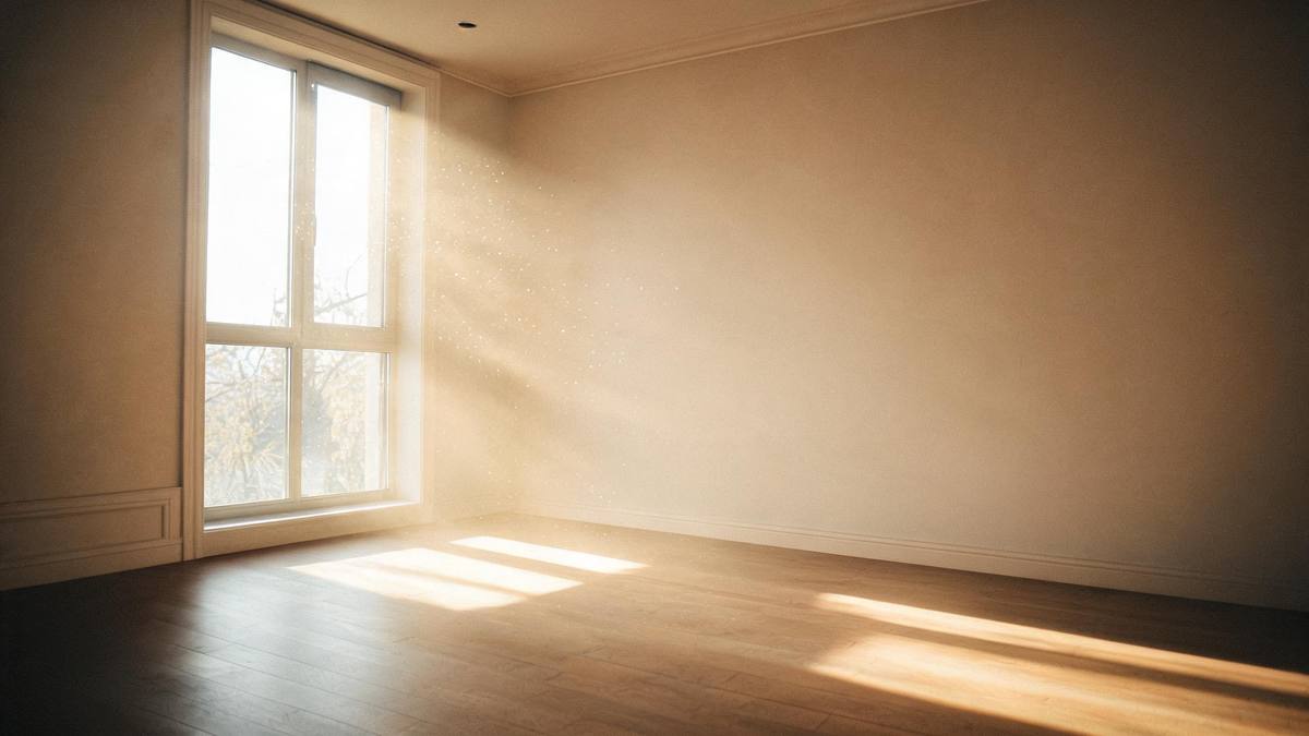 An empty room with open space and soft window light, no person
