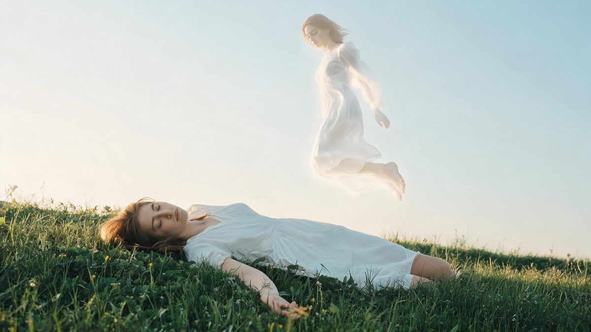 A woman with European features lying with a translucent second self rising above her, open space above, soft light