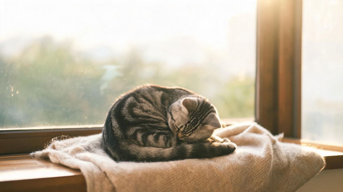 A cat lying on a wool rug in warm side light, relaxed pose.