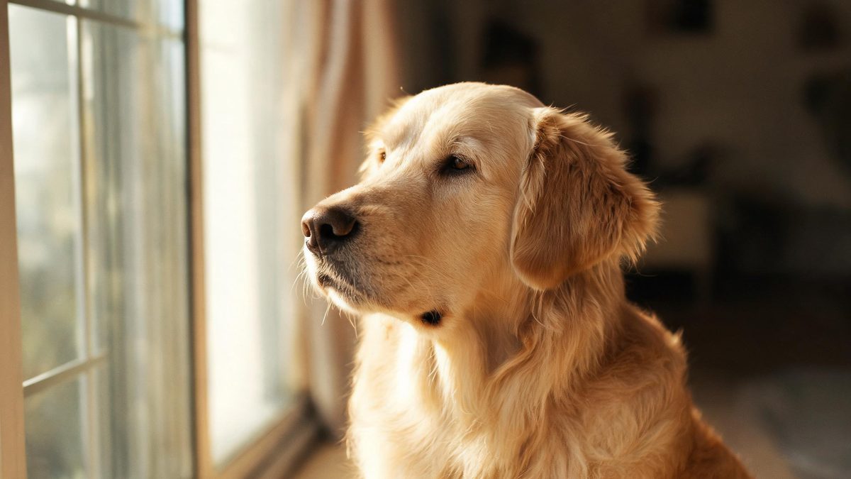 A dog sitting by a window in soft daylight, calm expression, blurred room behind.