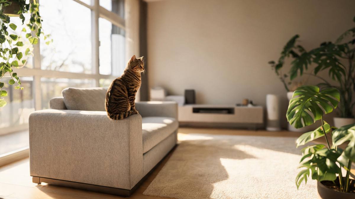 A sunny living room with a tabby cat on a sofa armrest looking toward an empty spot on the rug in warm daylight