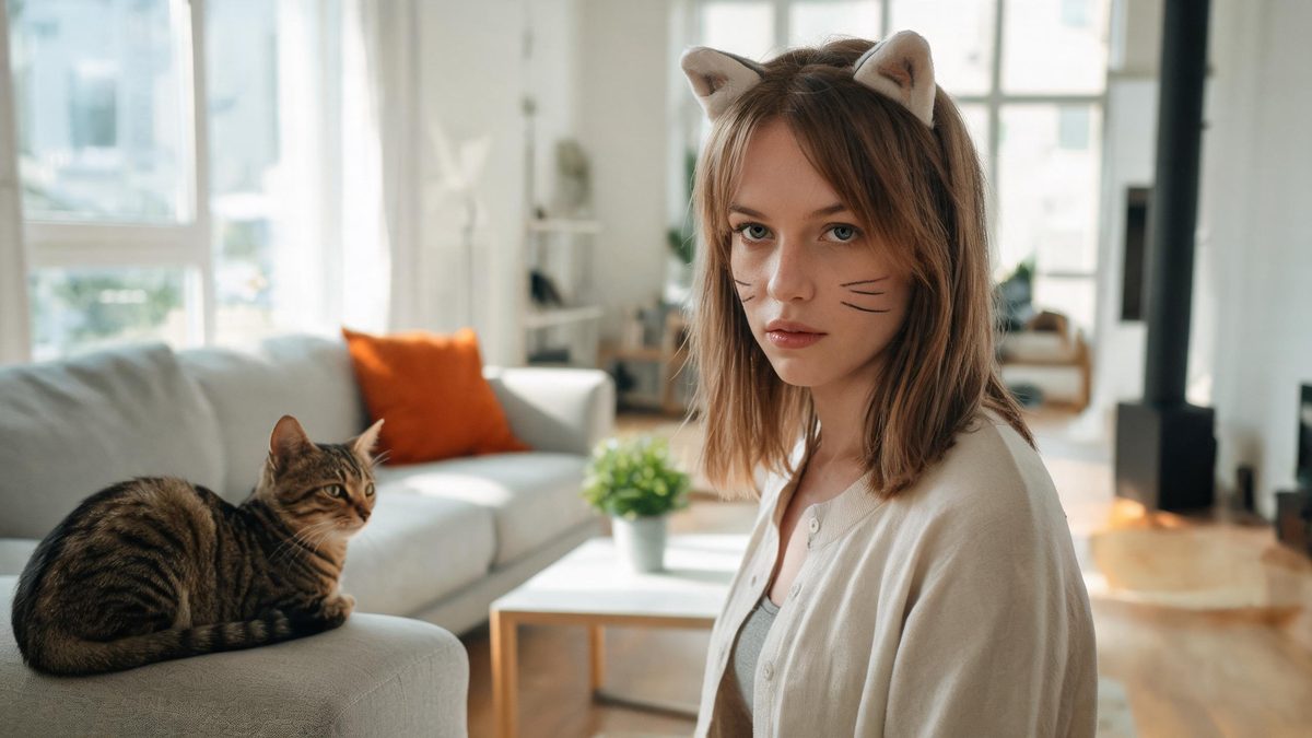 A person mid-transformation in a sunny living room with cat ears and whisker features still visible on the face, a tabby cat watching from the sofa