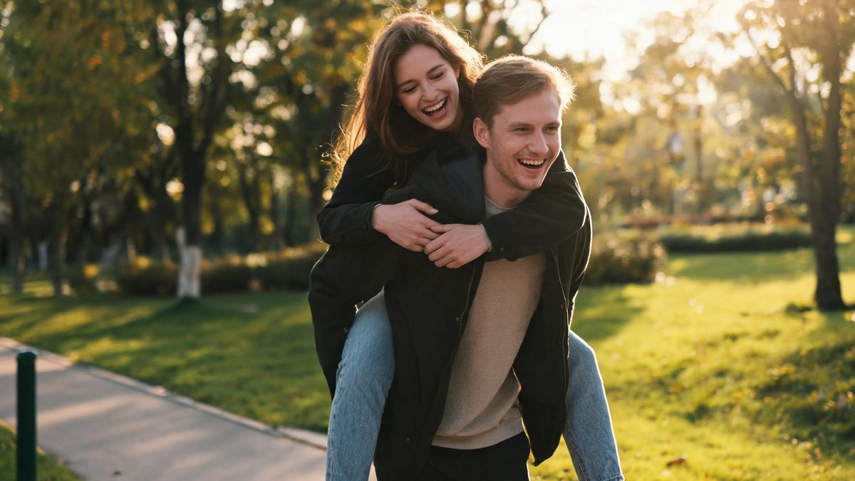 A man carrying a woman on his back along a park path in golden hour light, both laughing
