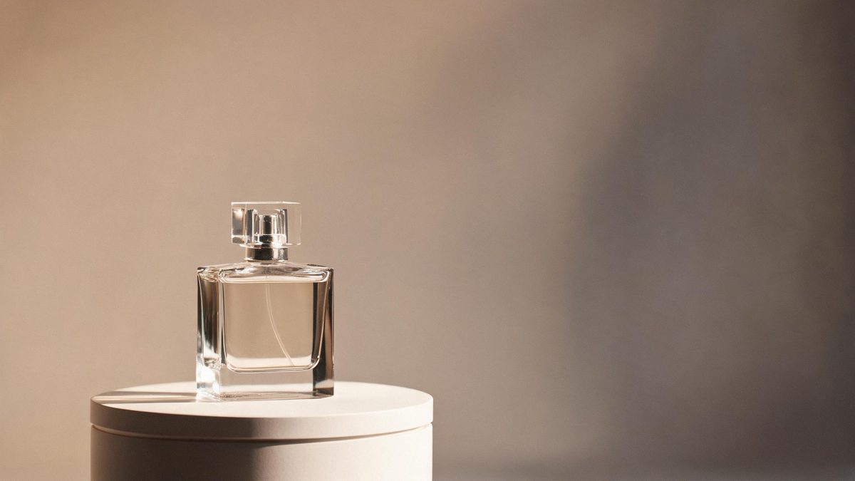 An unbranded glass perfume bottle on a rotating pedestal in studio light with a gradient backdrop.