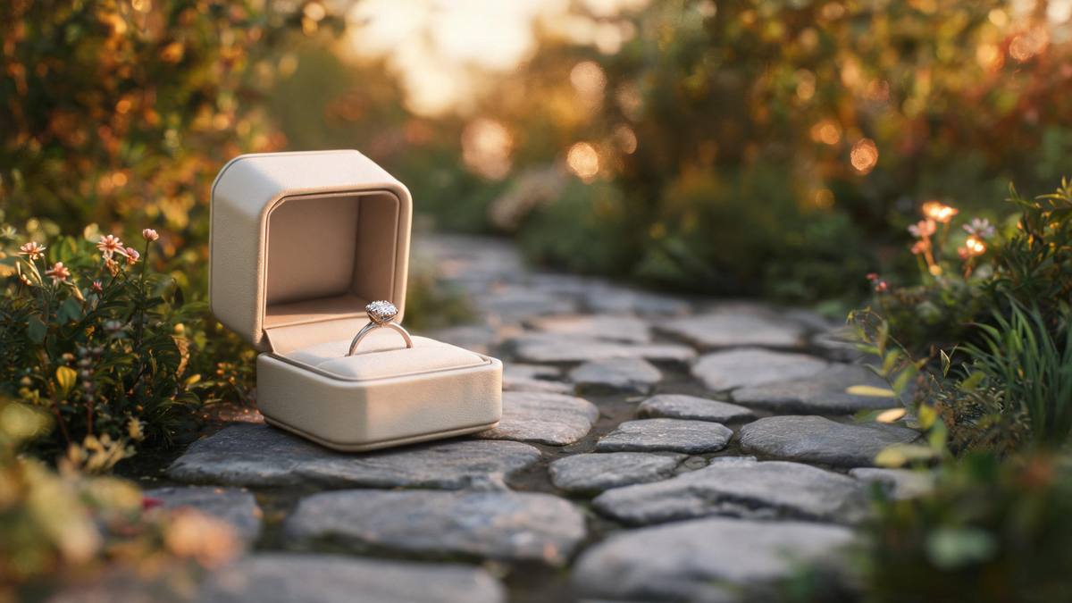 An open ring box resting on a stone path in a garden, warm evening light, no people