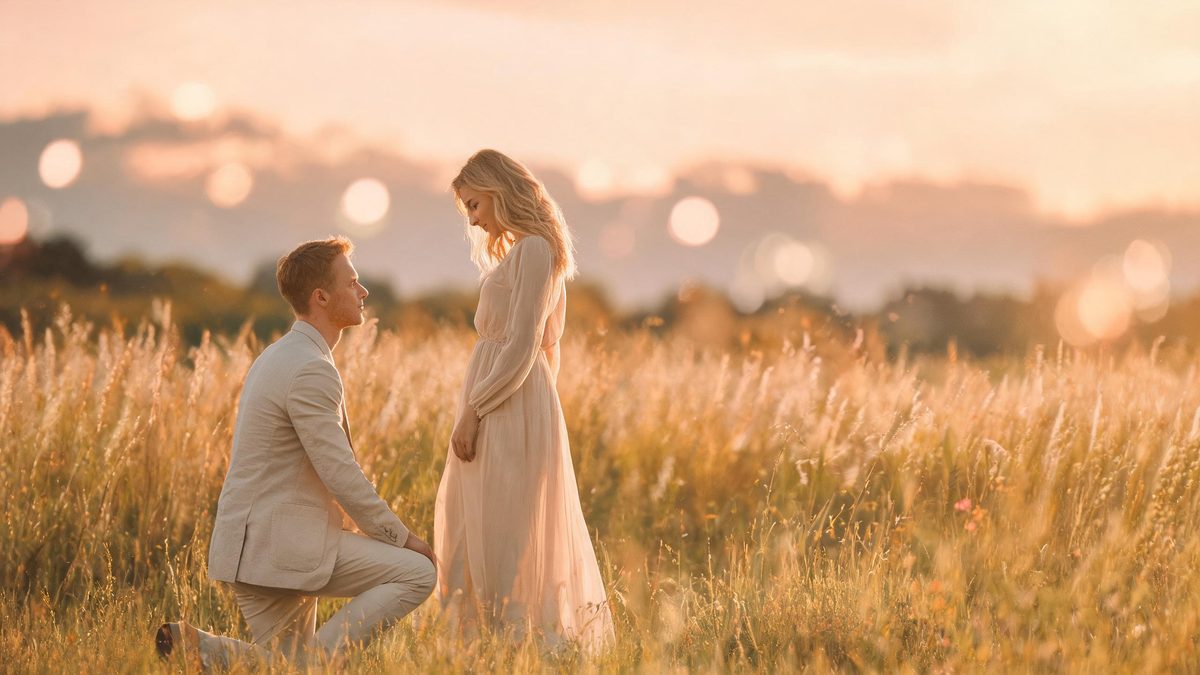 A couple with European features in a full-body shot, the man lowering onto one knee in a soft golden field