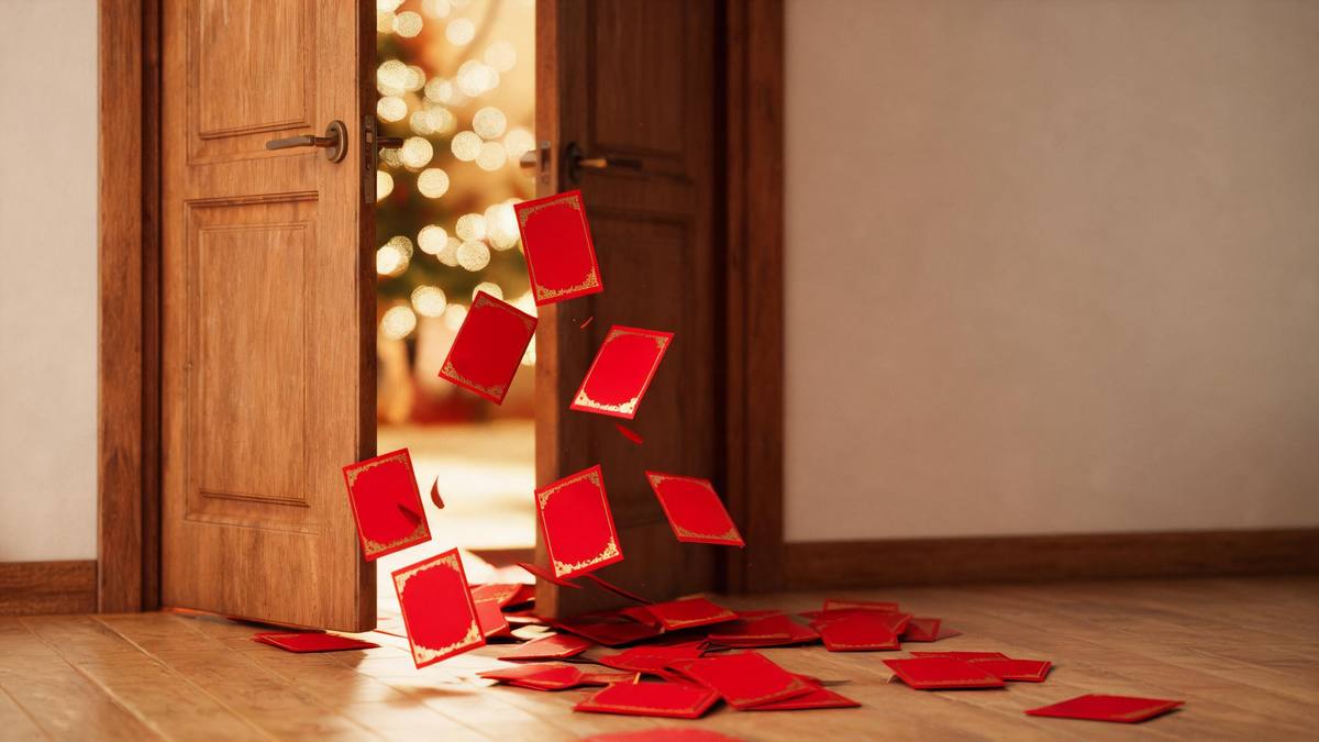 A wooden door swinging open with red envelopes tumbling out onto a floor