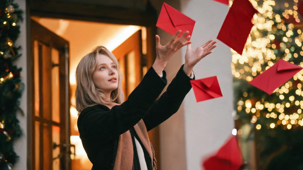 A woman catching falling red envelopes with both raised hands as a wooden door swings open beside her