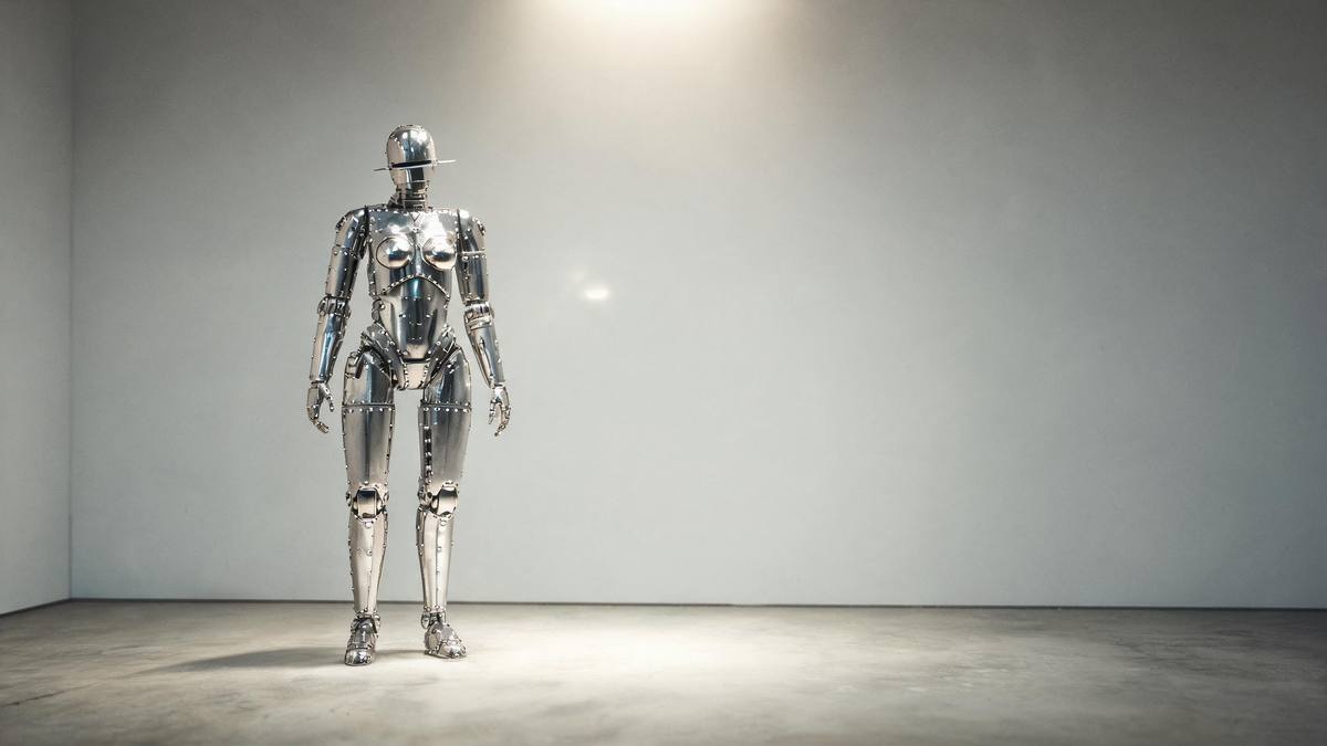 A chrome robot figure with riveted metal panels standing under a single spotlight, no person