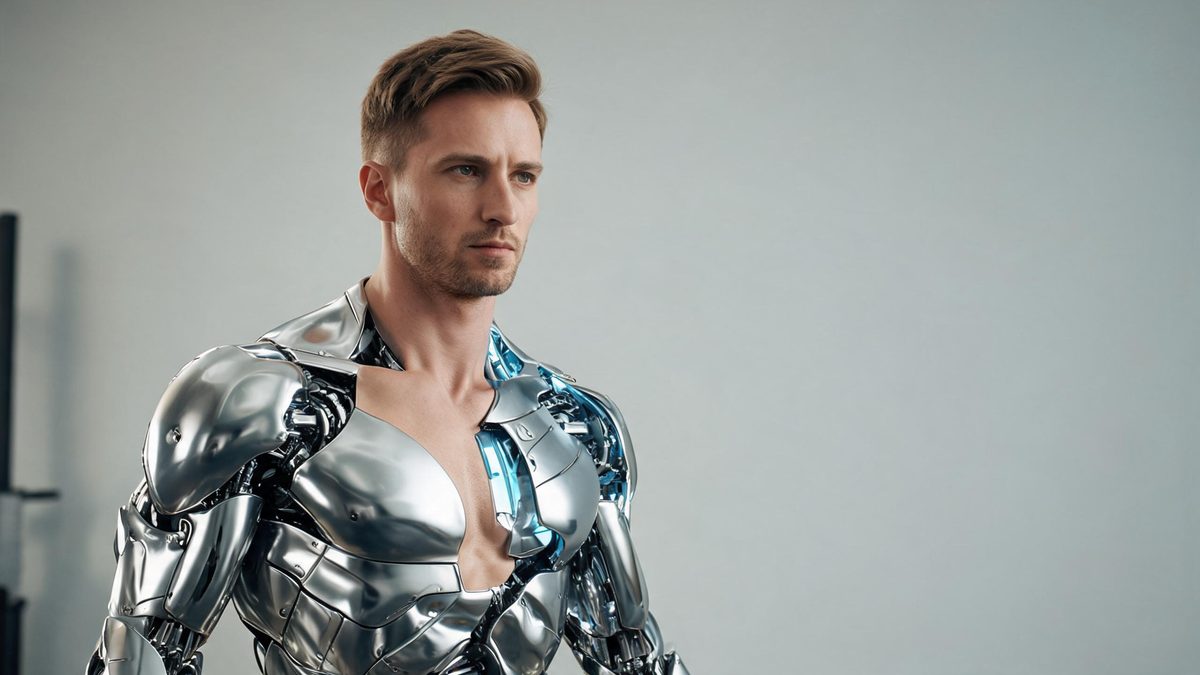 A man with European features in a half-body shot turning into a chrome robot, metal panels and joints appearing on his body, cool blue light