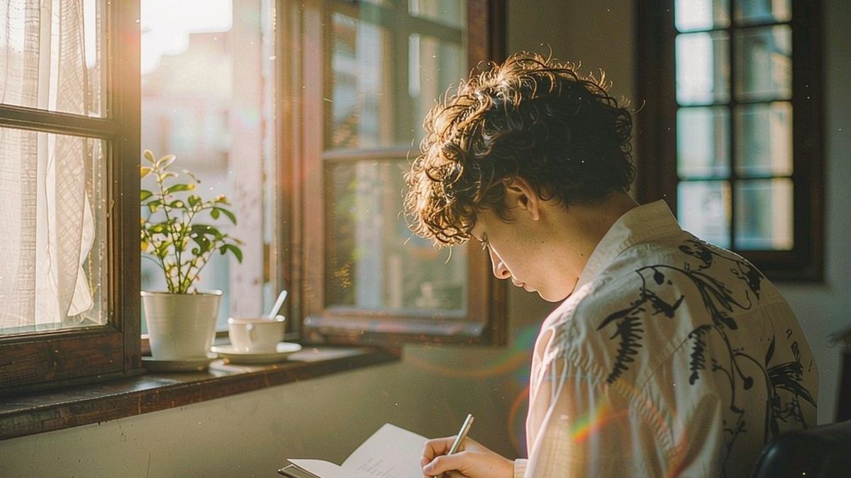A writer working in a notebook at a sunlit desk