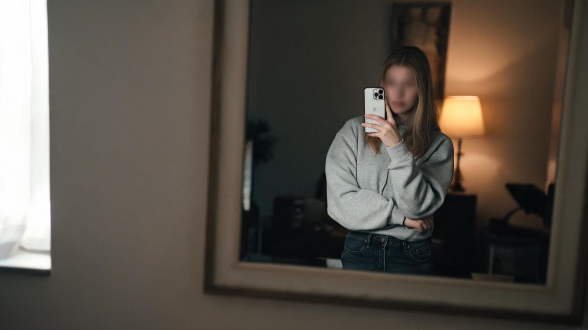A mirror selfie framing a casual outfit, phone reflected in the glass.