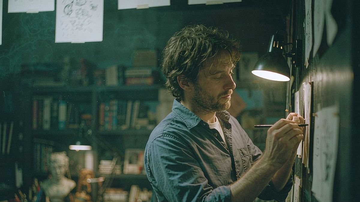 A man sketching frames at a desk in a lamp-lit studio