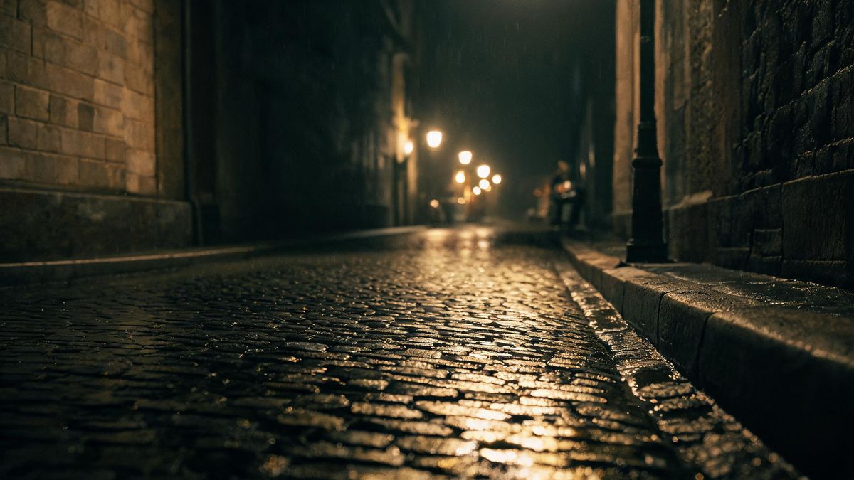 A narrow alley with neon signs and soft glow, anonymous blur.