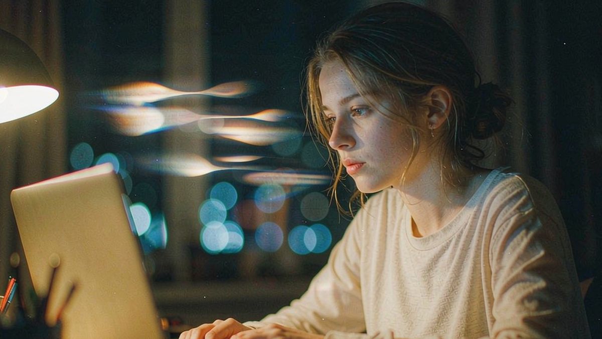 A woman working at a laptop in a dark room, bokeh lights behind her