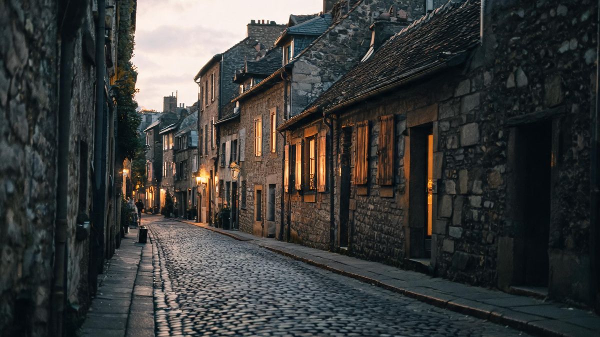 A narrow stone street in an old town at soft evening light, no one in focus.