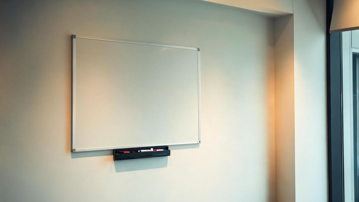 A clean blank whiteboard on a bright wall with a marker tray, soft even light.