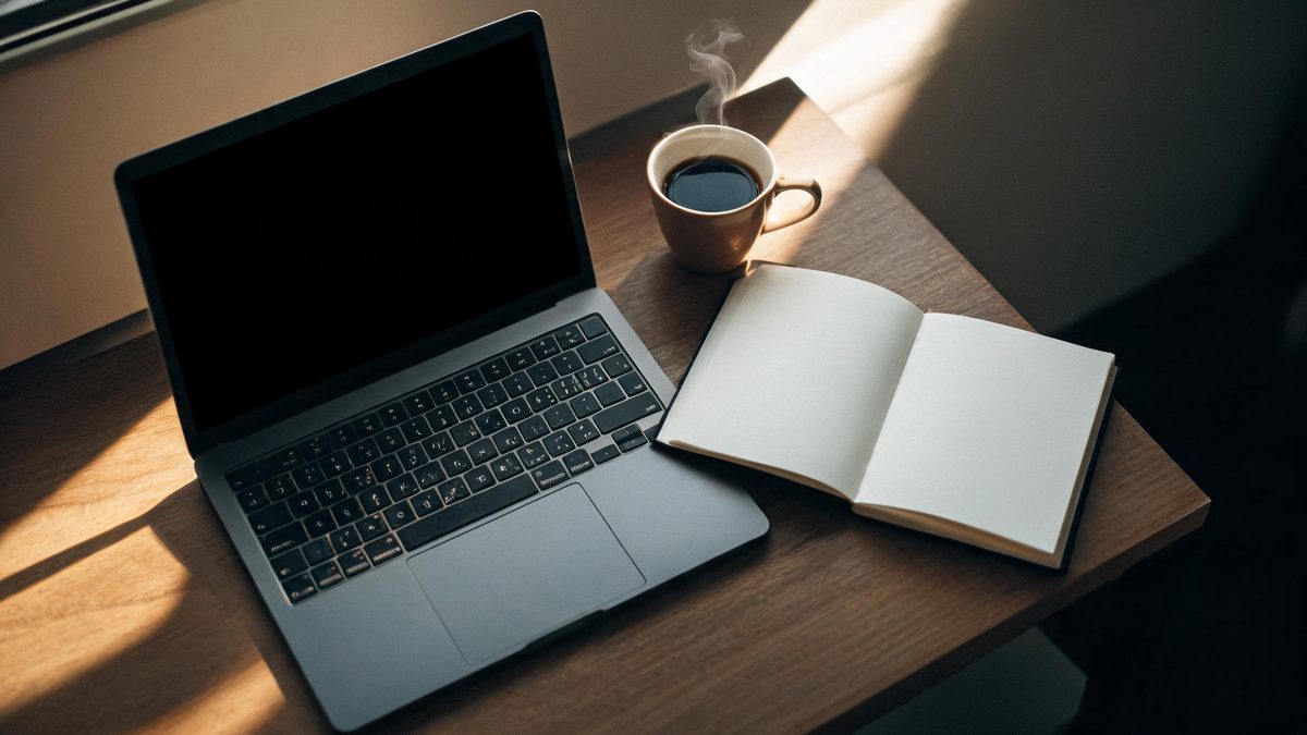 An overhead desk with a laptop showing a blank screen, an open notebook and a cup of coffee.
