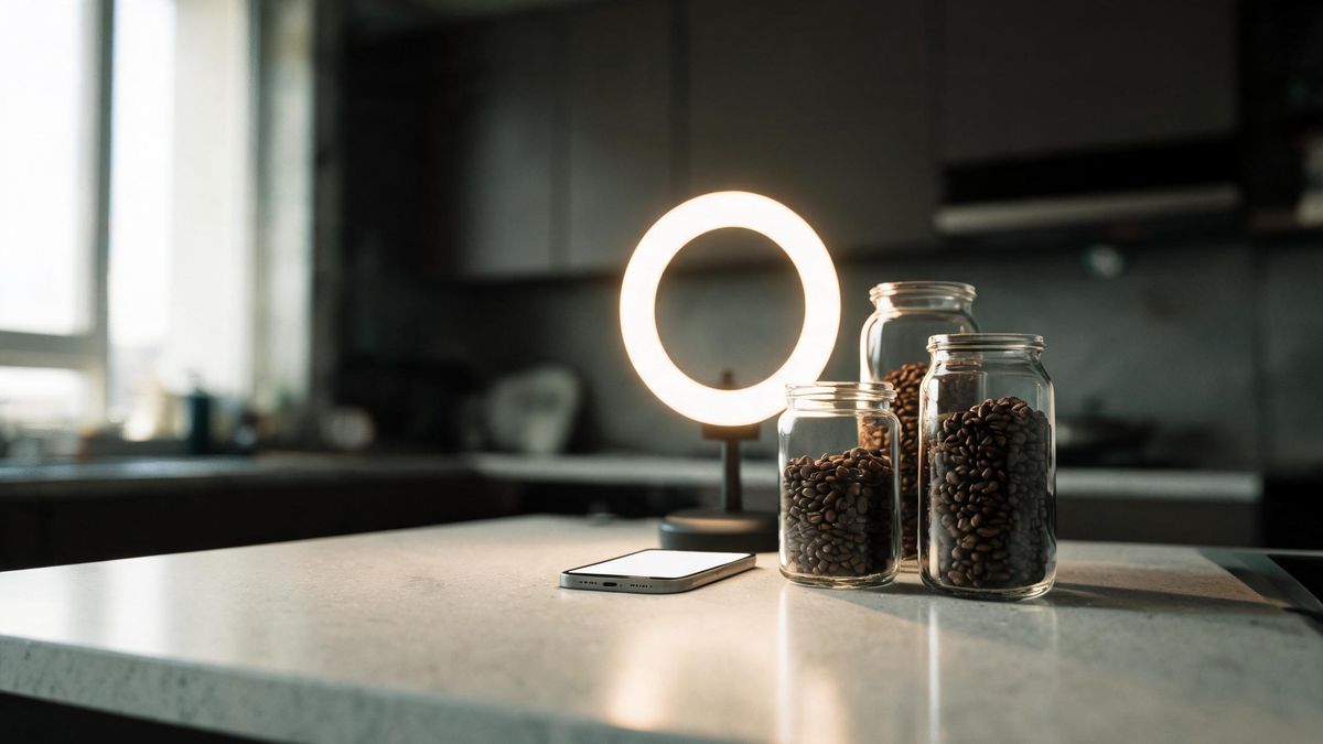 A ring light and a smartphone on a kitchen counter beside unbranded jars, soft daylight.
