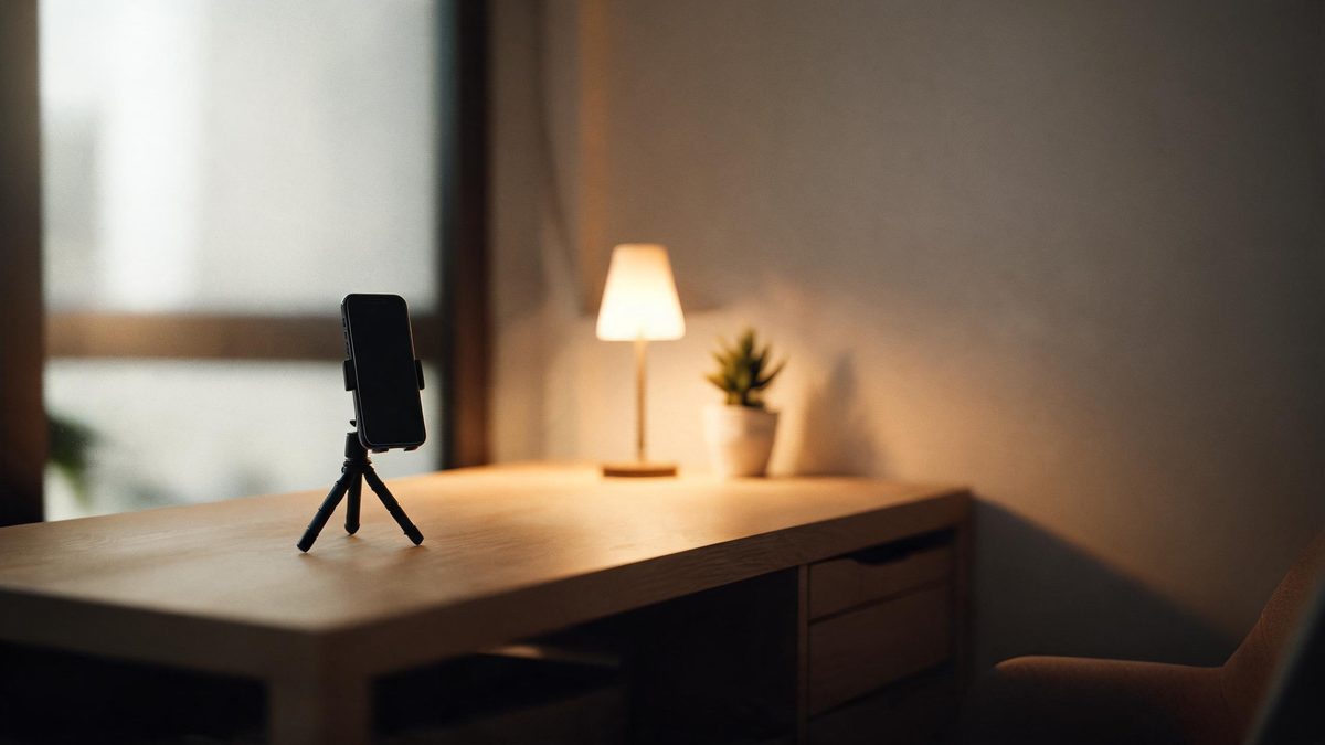 A smartphone on a small tripod facing a tidy desk setup with a lamp and plant, warm room light.