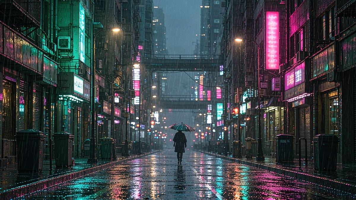 A neon-lit city street at night reflected in wet asphalt