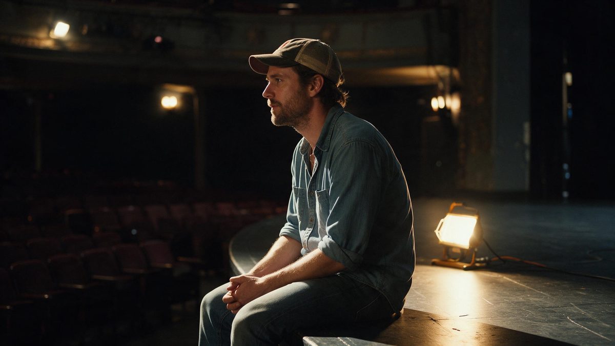 A European man sitting on the edge of a stage in a dim theatre under a single warm work light, the empty auditorium dark behind him