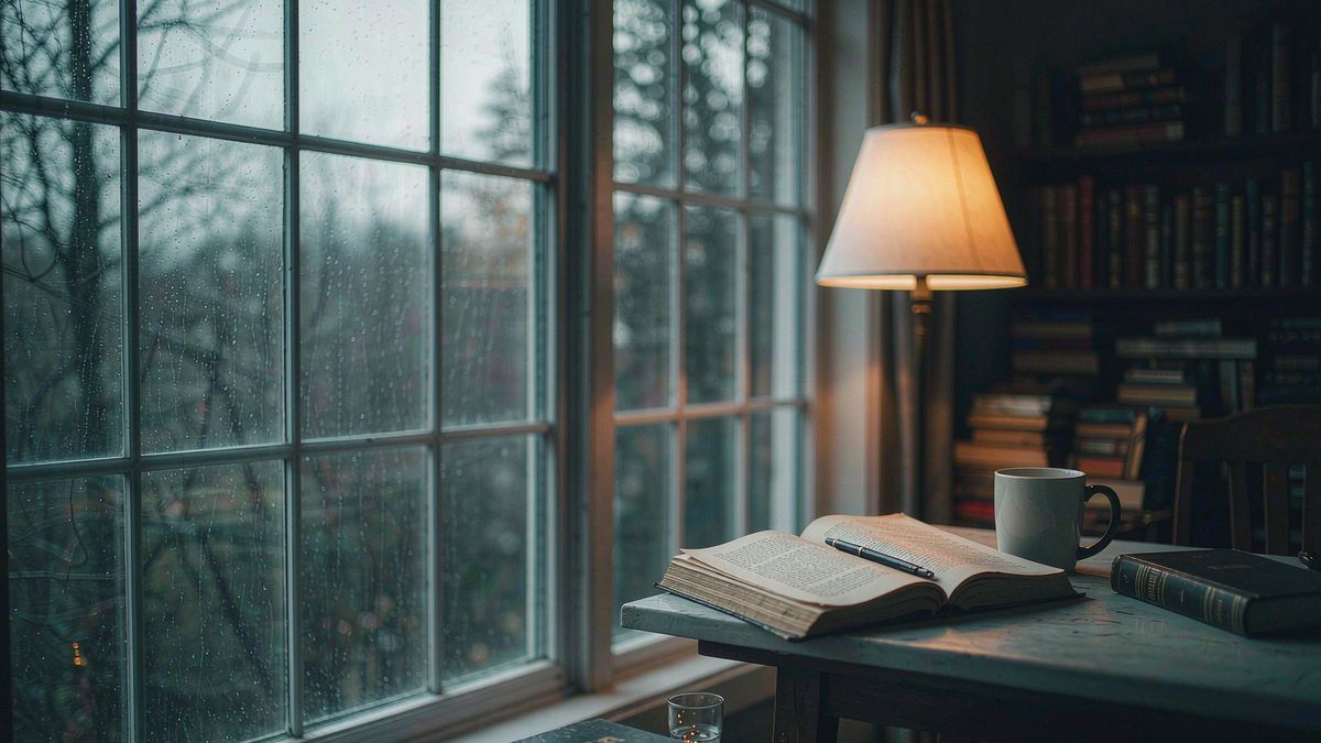 A writing desk with an open manuscript beside a rain-streaked window
