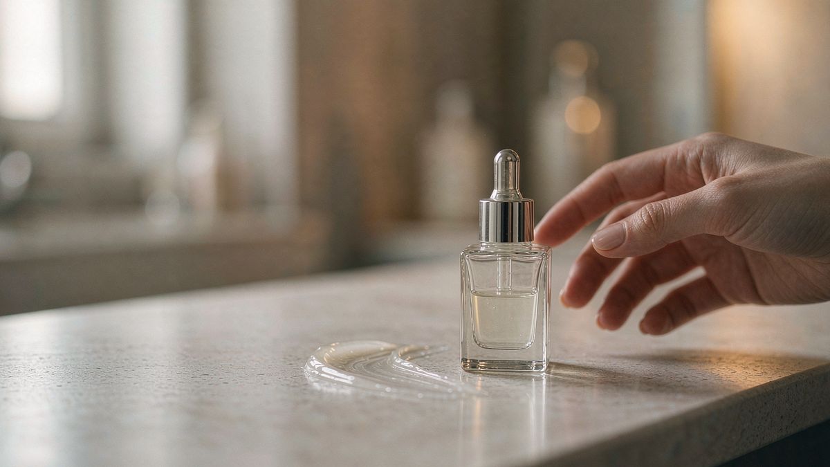 A glass serum bottle and a texture swatch on a pale stone counter