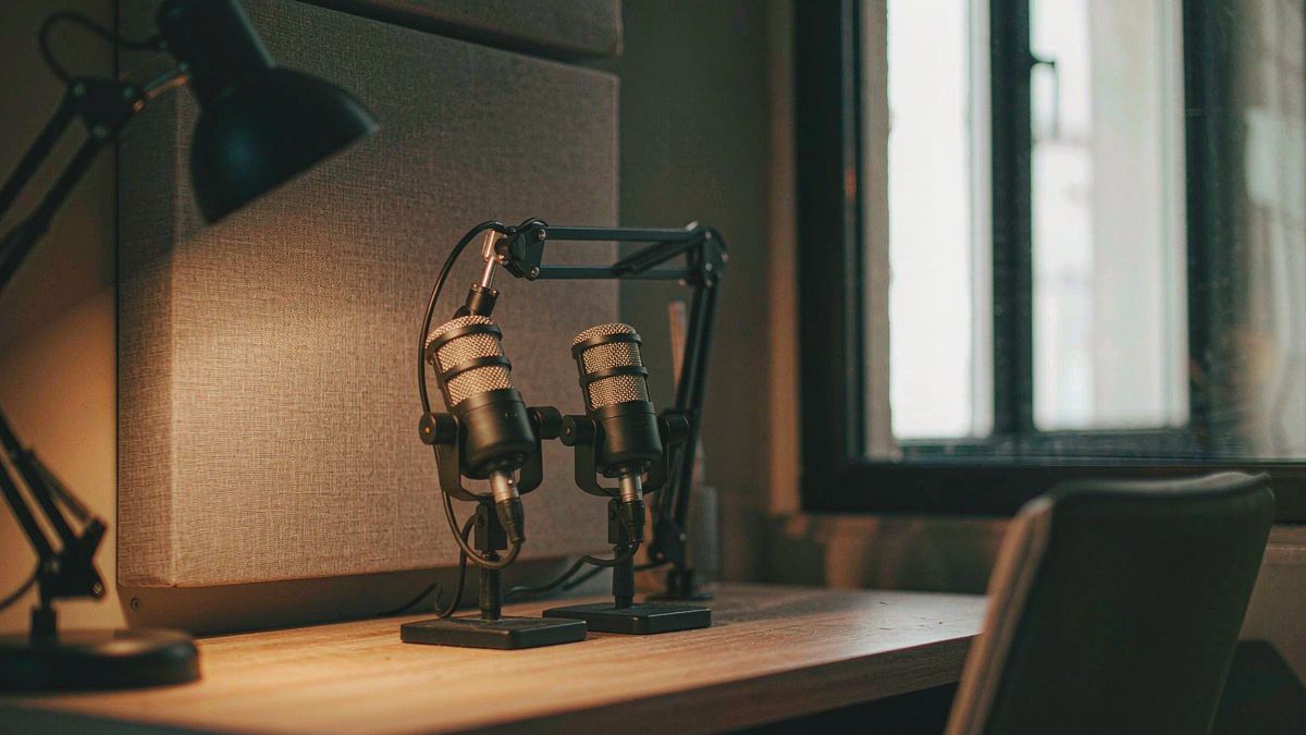 Two condenser microphones on boom arms above a wooden table