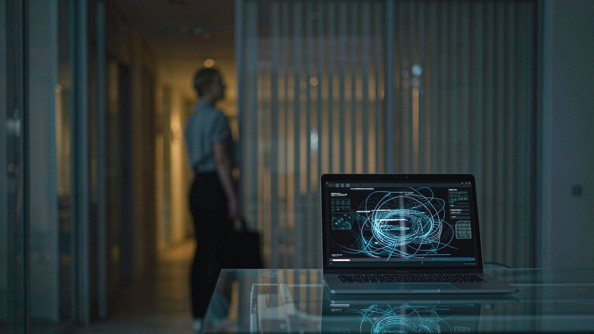 A laptop showing a glowing dashboard on a glass desk in an empty office