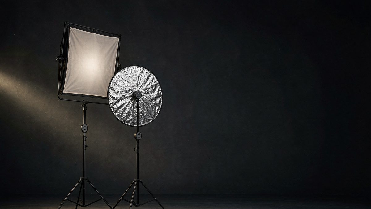A softbox and a silver reflector standing in an empty dark studio with a narrow warm beam cutting through faint haze