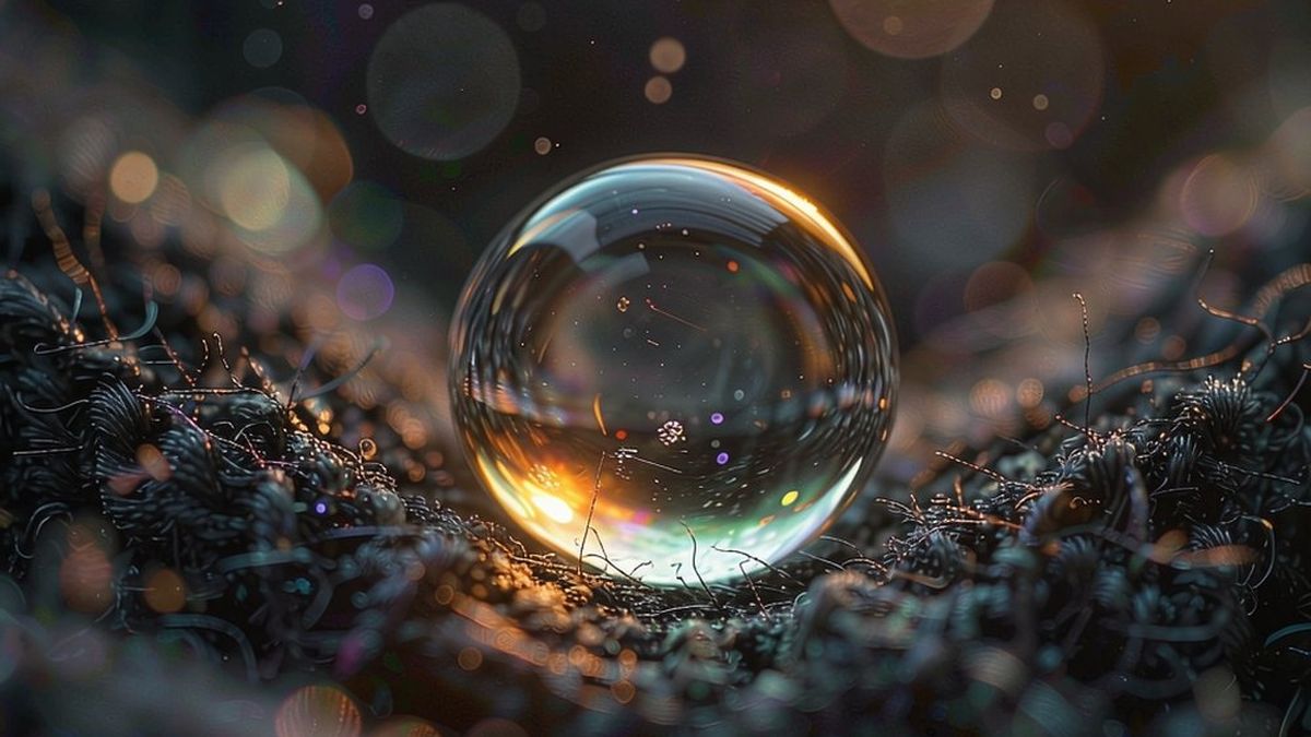 A glass sphere resting on wet dark ground, sharply detailed