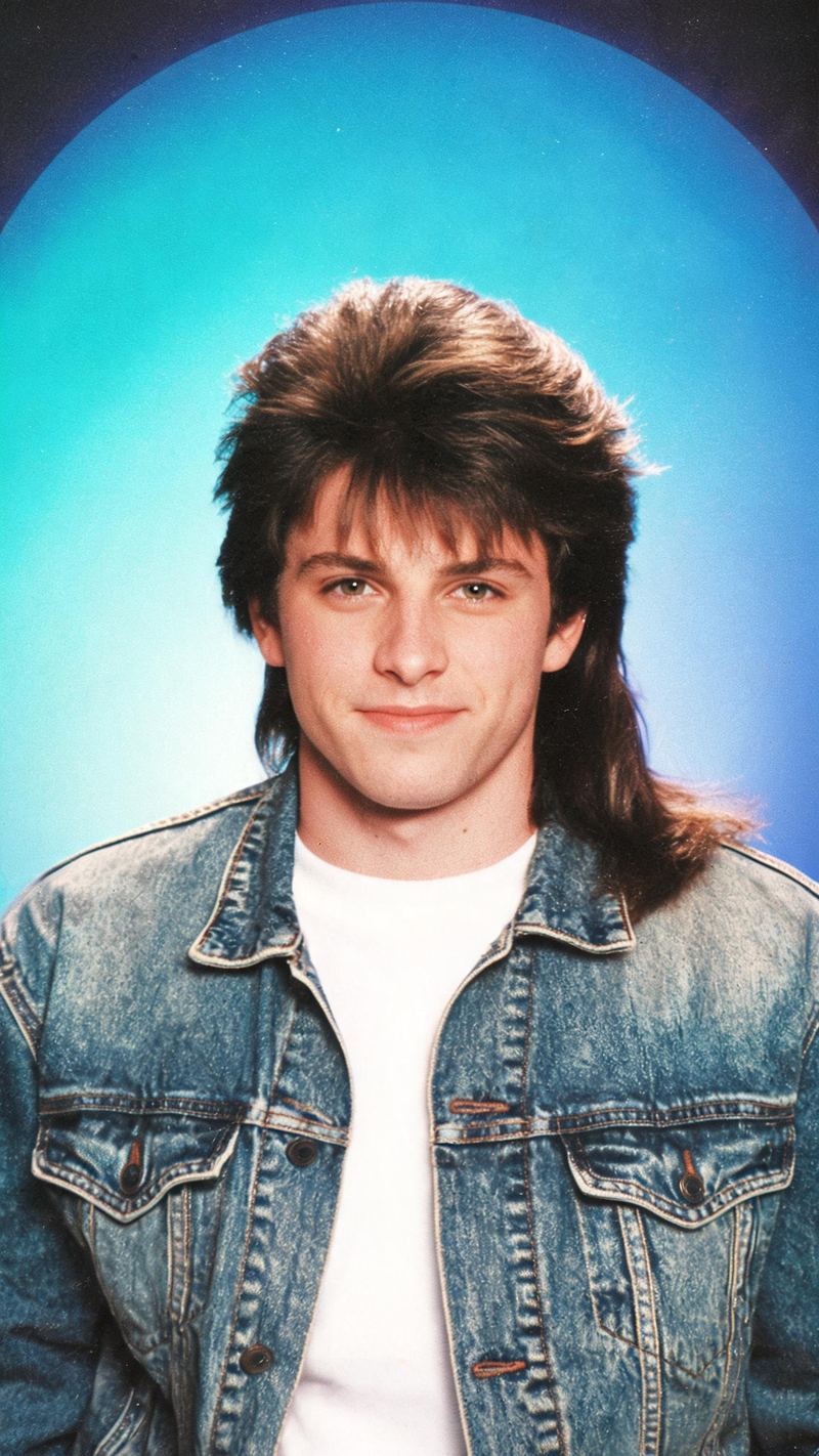 1980s high school yearbook portrait restyle with feathered hair and a laser studio backdrop