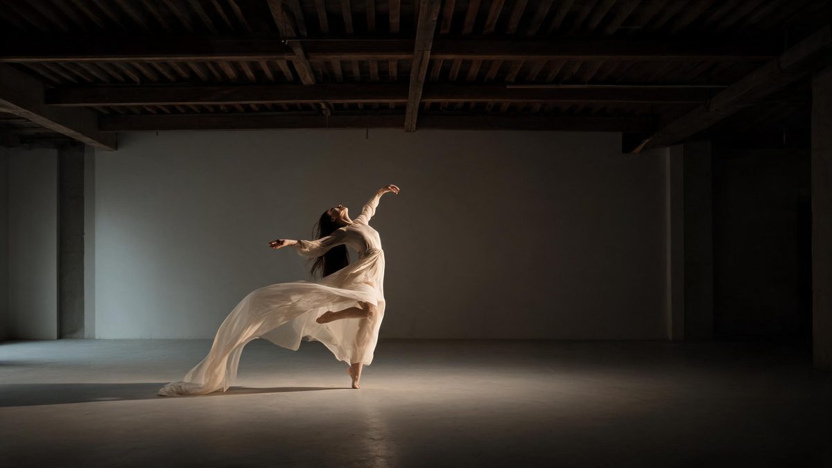 Dancer caught mid-movement in an empty loft with fabric trailing, single hard side light