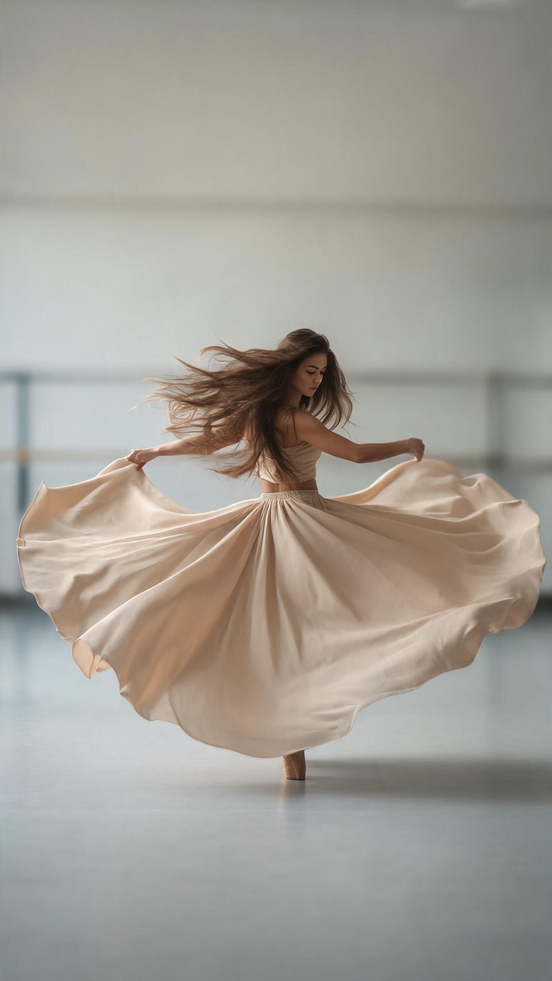 Dancer spinning with skirt flared into a circle, soft continuous light, blurred studio behind