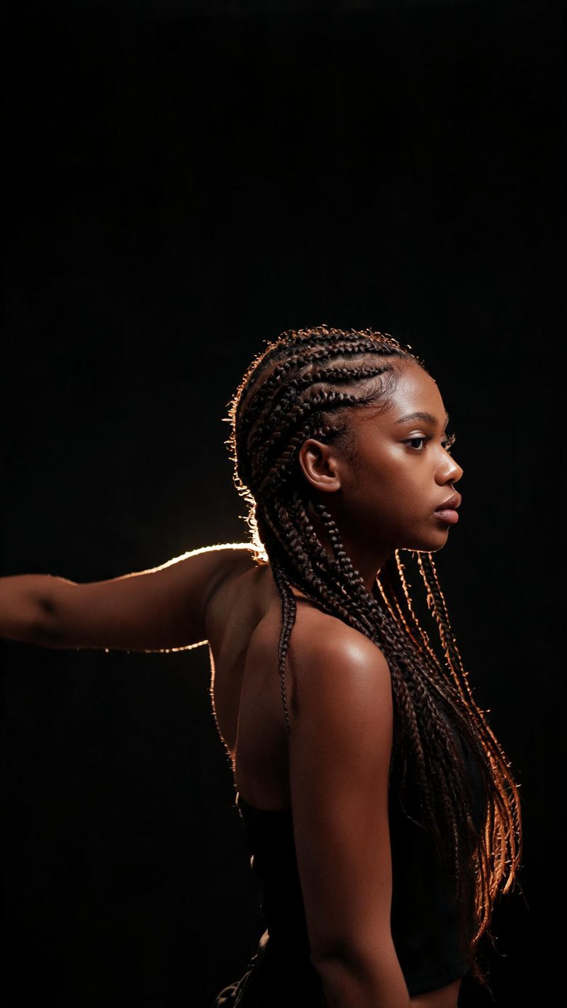 Portrait of a woman mid-movement with arm extended and warm rim light on her shoulder