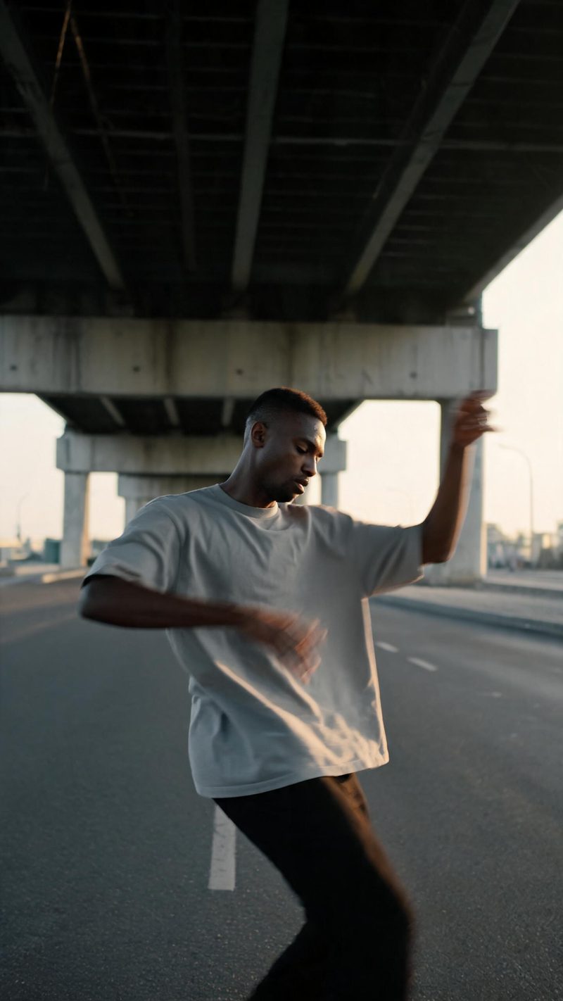 Street dancer under a concrete overpass in late afternoon light with motion blur in the limbs