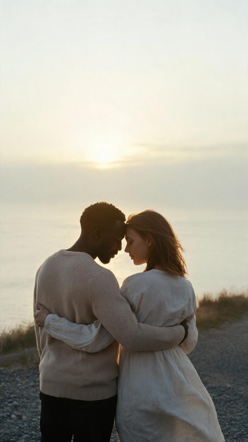 A couple embracing on a coastal path at golden hour, foreheads touching, sea haze behind them