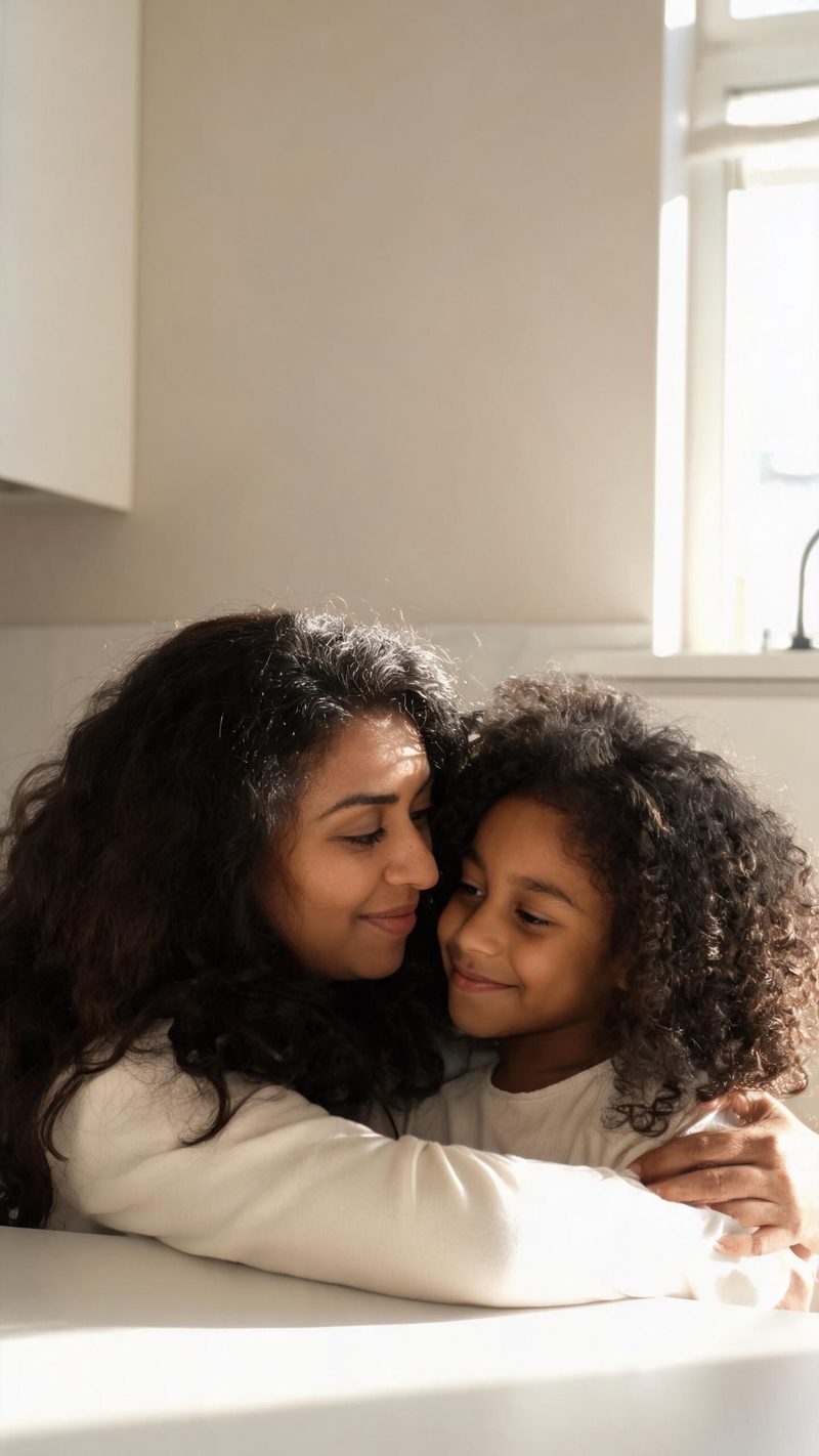 A mother with olive skin holding her young daughter in a sunlit minimal kitchen