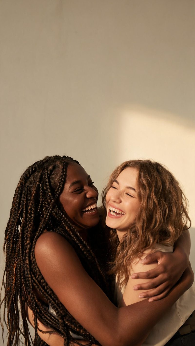 Two young women laughing in a tight hug against a sunlit plain wall
