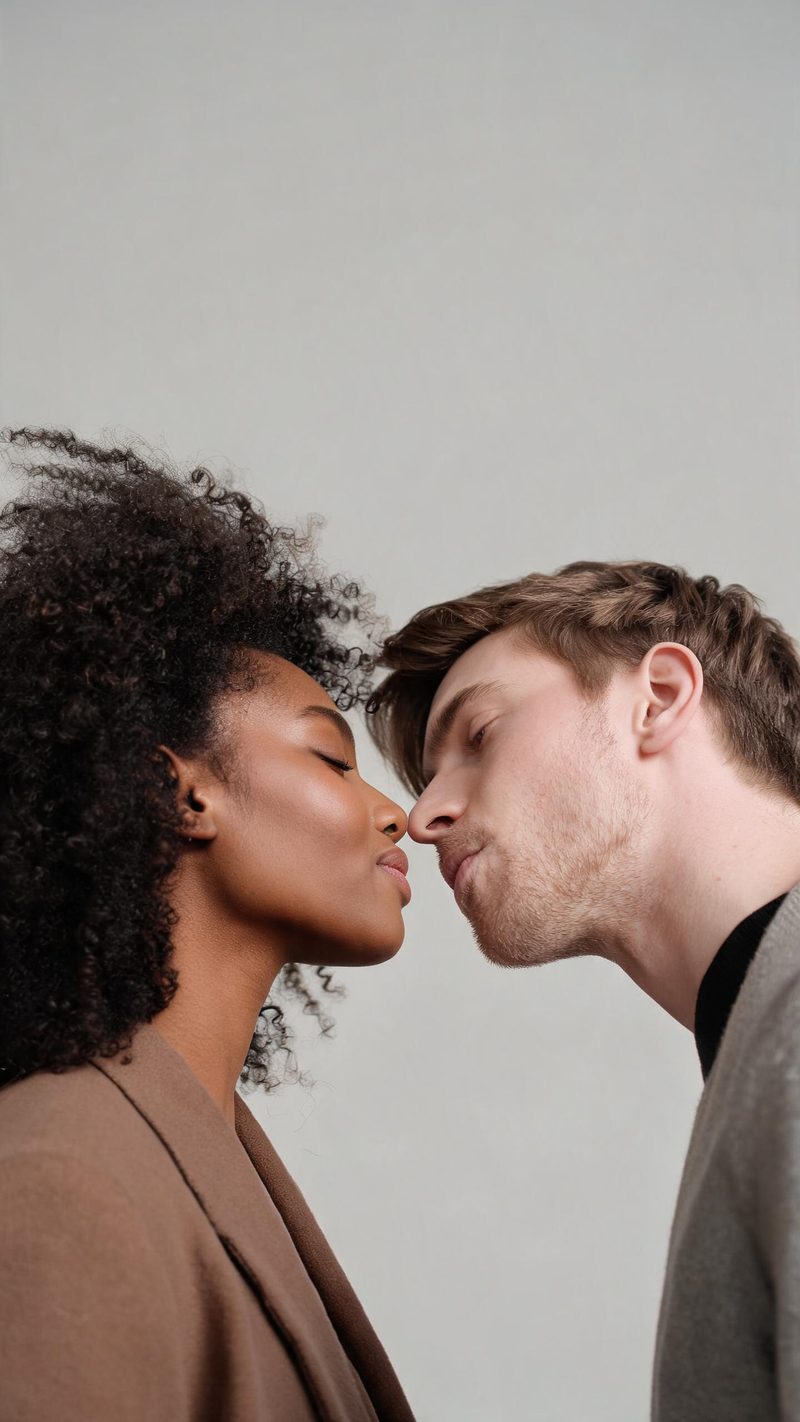 Soft studio portrait of a couple leaning toward a gentle kiss against a neutral backdrop