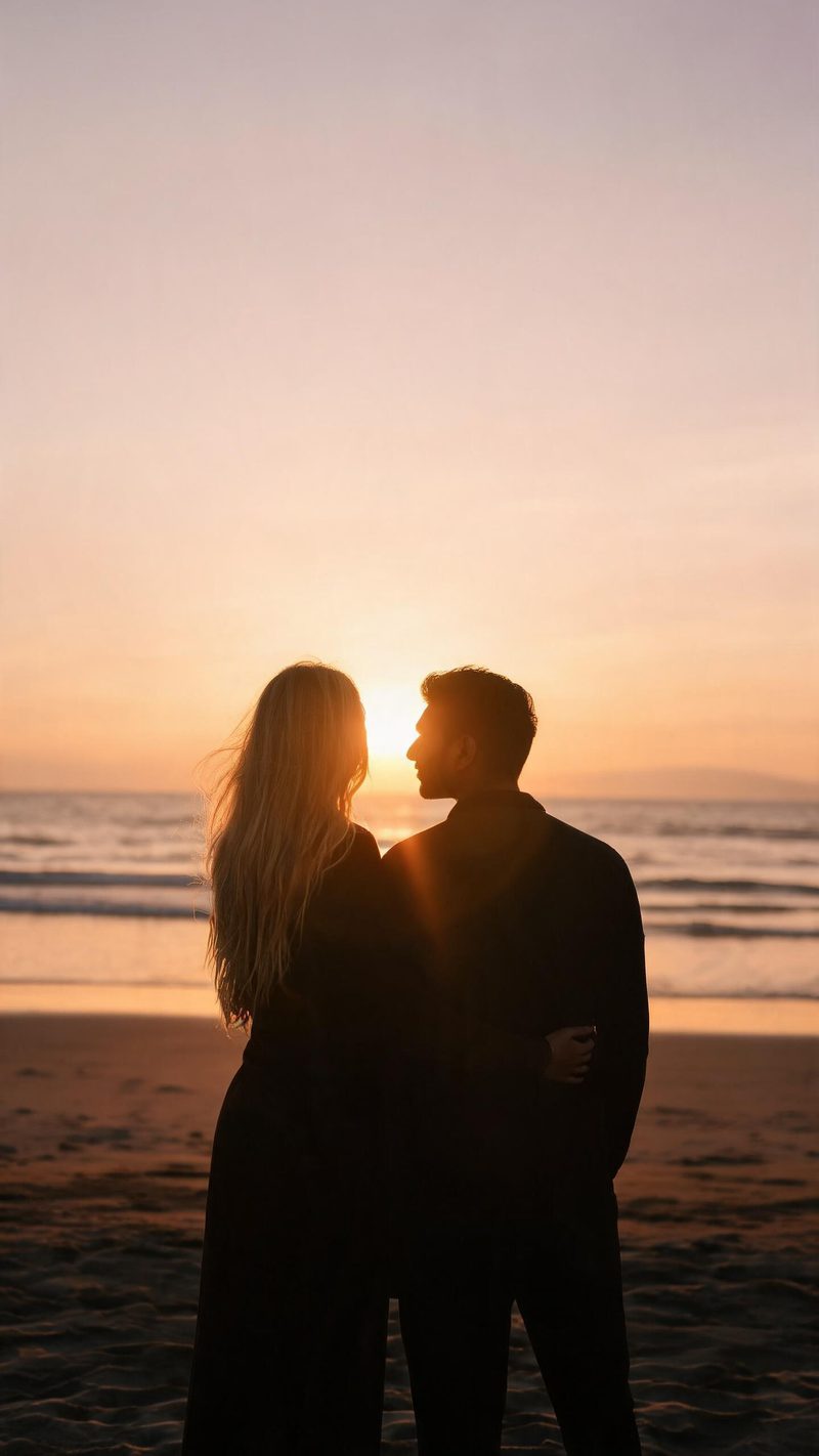 Couple silhouetted against a golden-hour sunset with warm rim light and lens flare